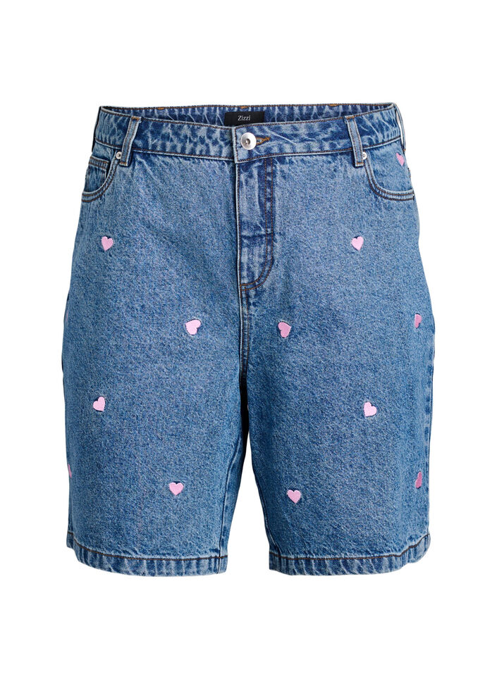 Korte spijkerbroek met hoge taille en geborduurde hartjes, Light B. Pink Heart Korte spijkerbroek met hoge taille en geborduurde hartjes, Light B. Pink Heart, Packshot