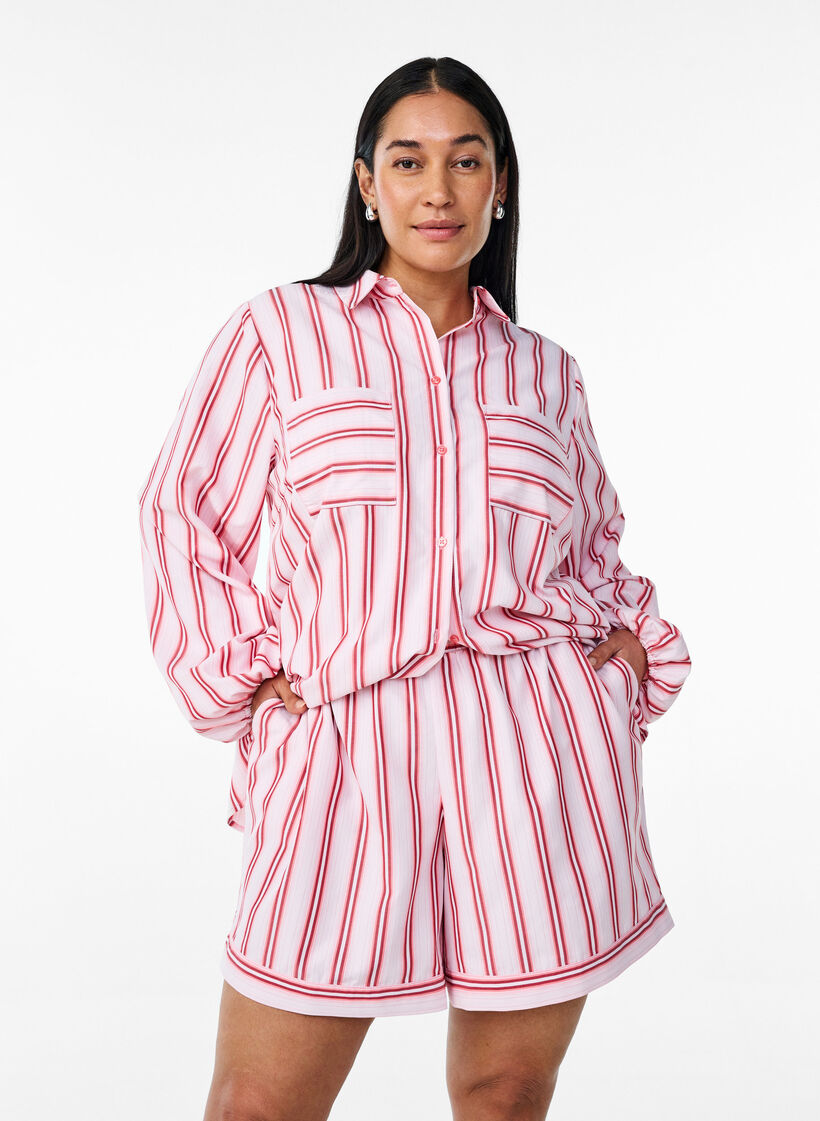 Losse shorts met strepen en zakken, Pink Stripe, Model