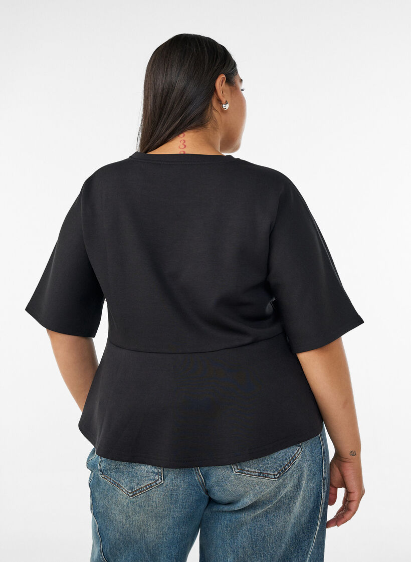 Peplum blouse met ellebooglange mouwen, Zwart, Model image number 2