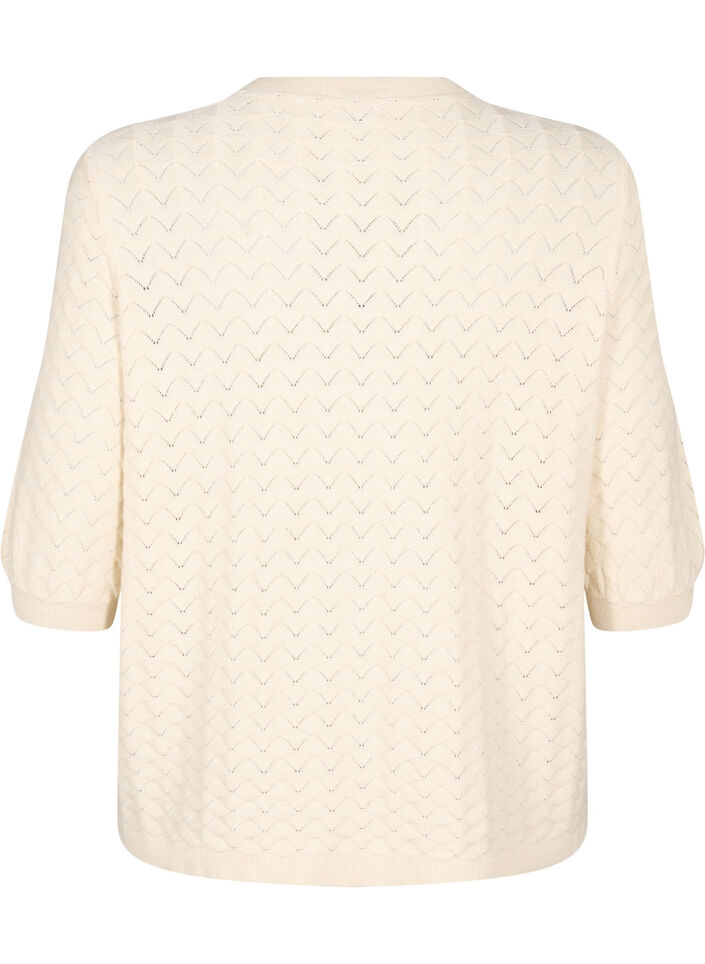 Gebreide blouse met opengewerkt patroon en korte mouwen, Birch Mel., Packshot