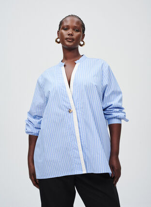 ZizziGestreept shirt met decoratieve sluiting, Light Blue Stripe , Image image number 0