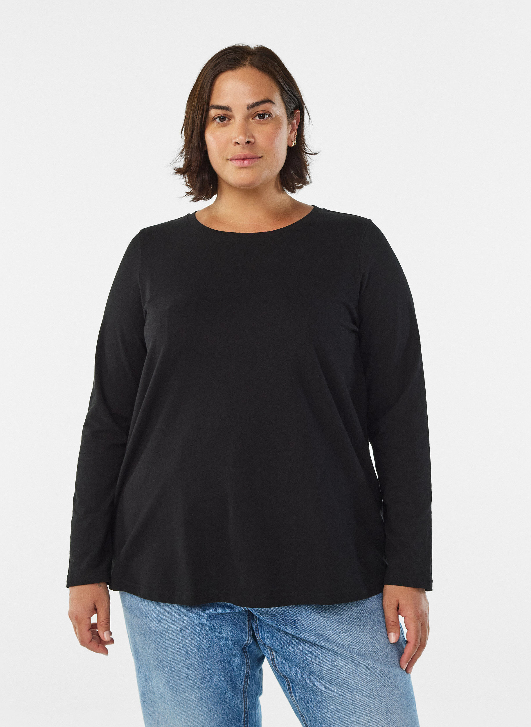 Basic jerseyblouse met lange mouwen, Zwart, Model