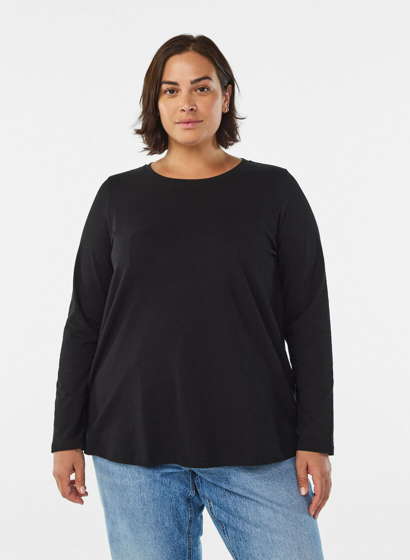 Basic jerseyblouse met lange mouwen, Zwart, Model image number 0