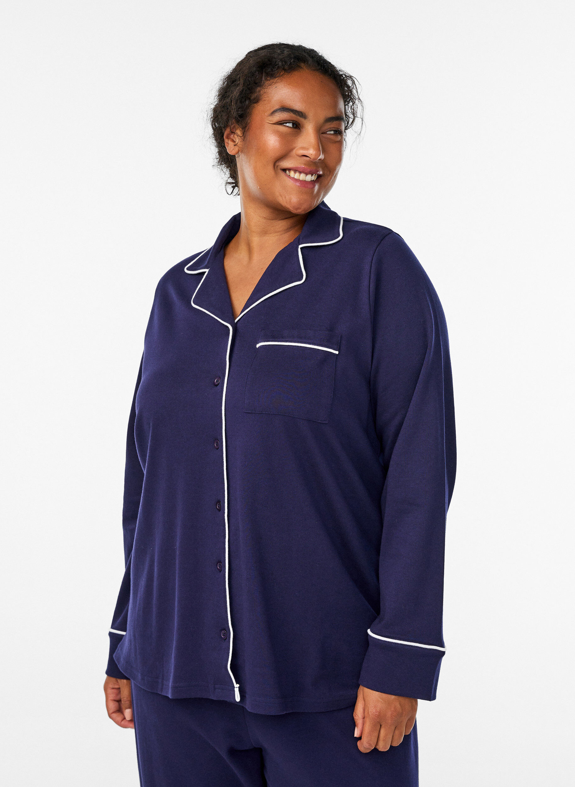 Katoenen pyjamashirt met borstzak, Blauw, Model