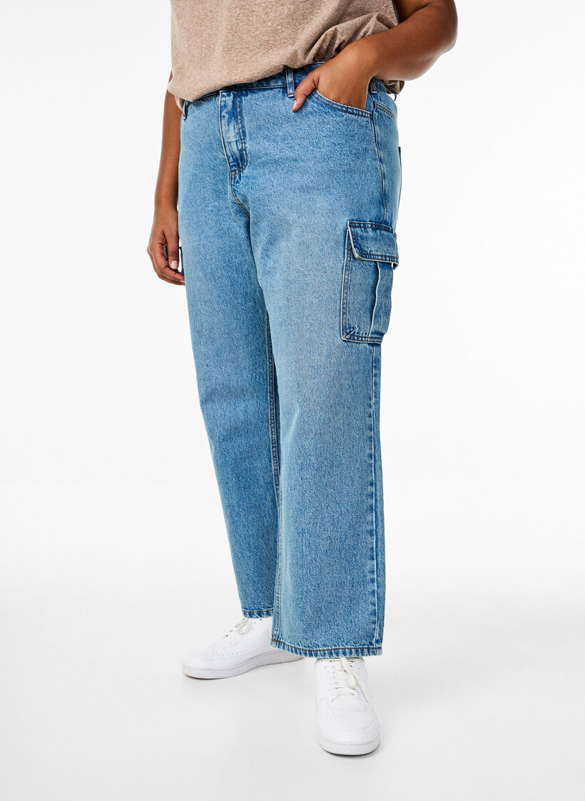 Losse pasvorm cargo jeans met hoge taille, Light Blue, Model