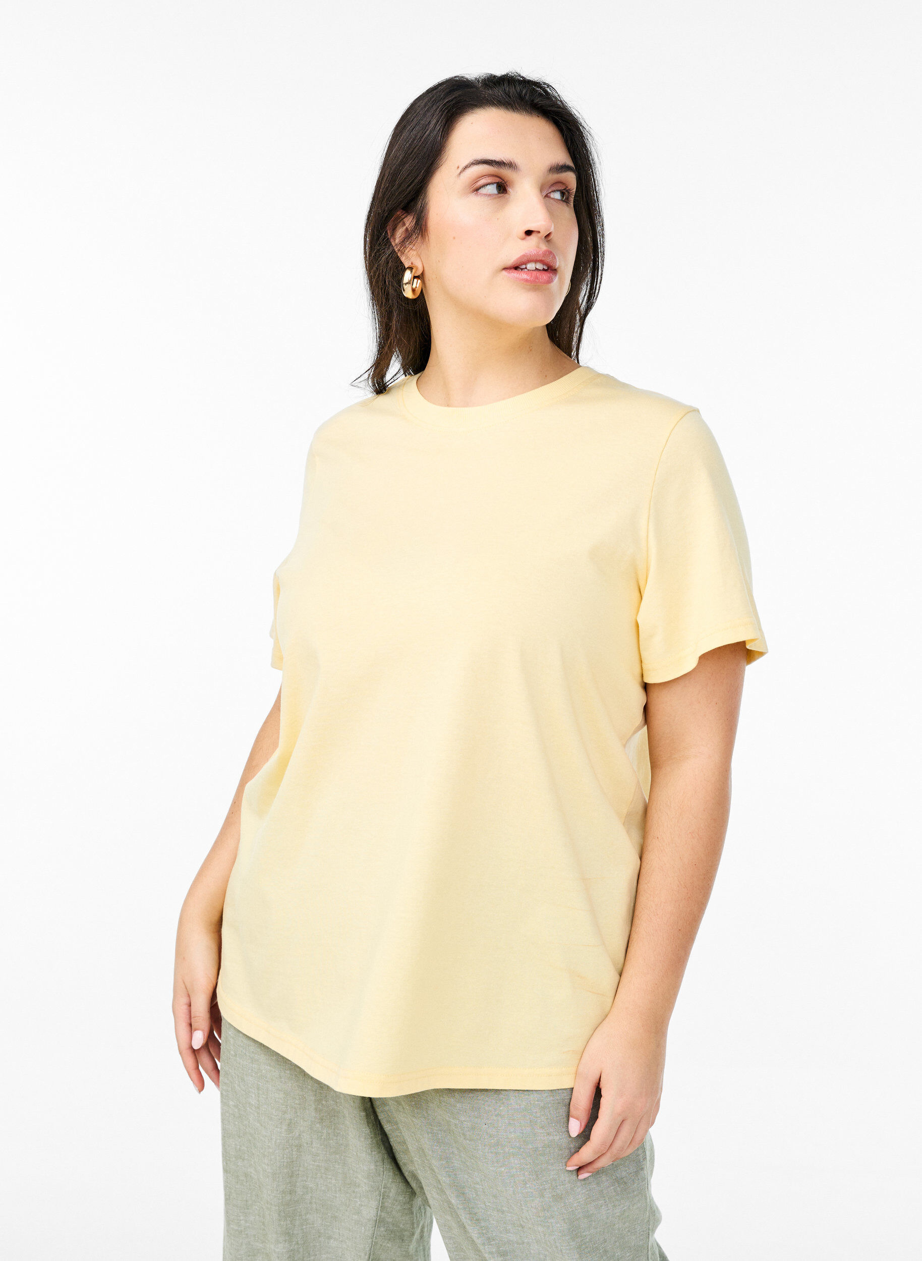 Basic katoenen T-shirt met ronde hals, Geel, Model
