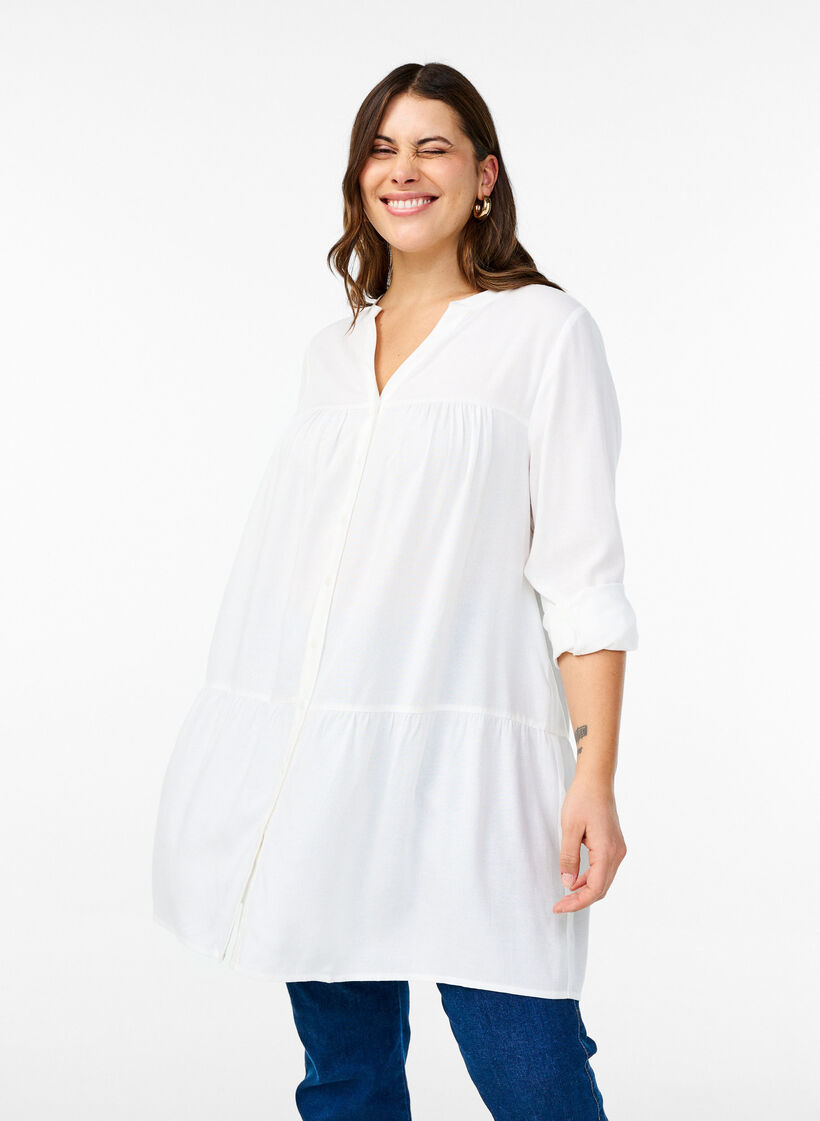 Tunic met V-hals en geplooide details, Wit, Model image number 0