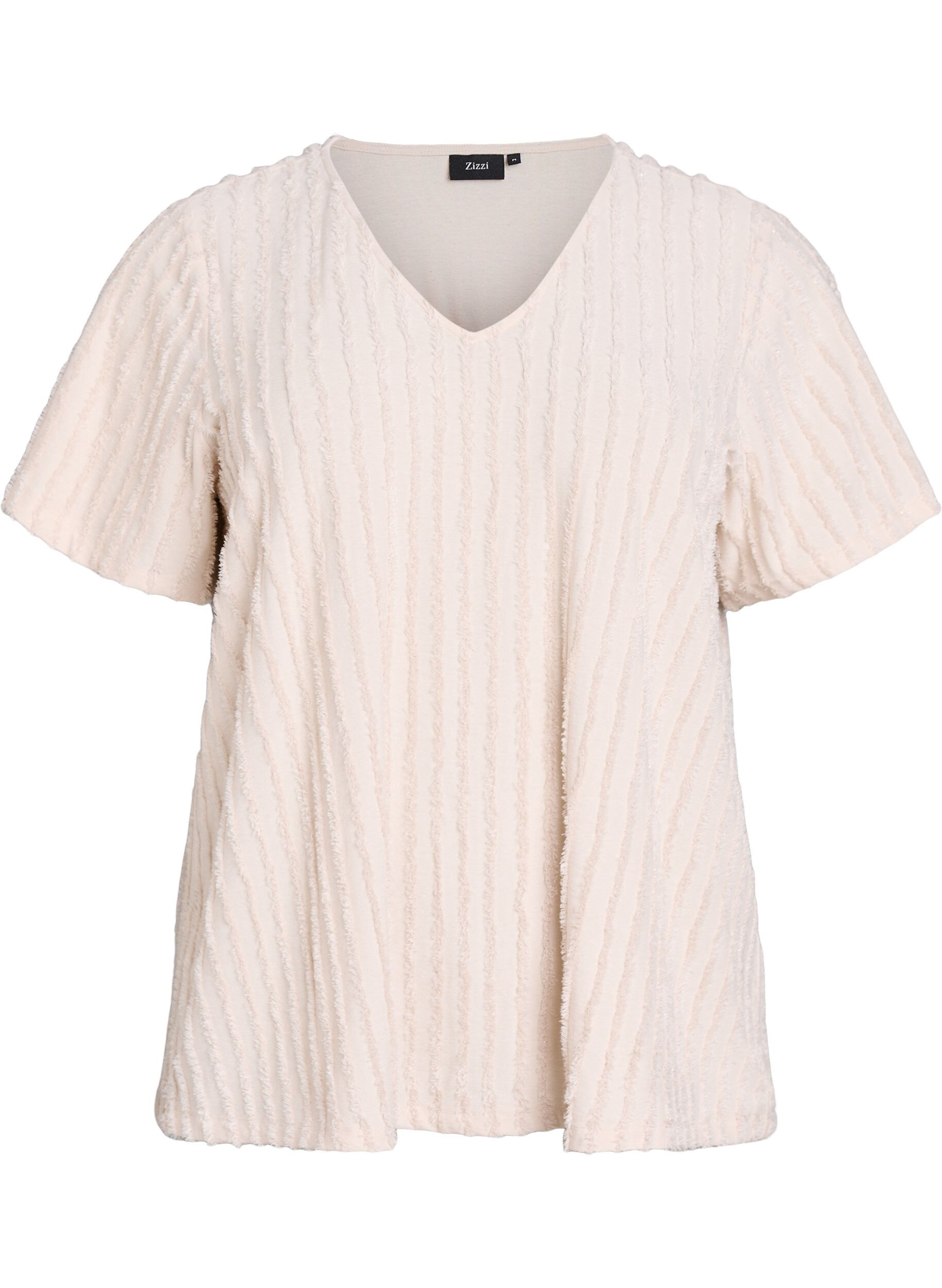 ZizziBlouse met korte mouwen en strepentextuur, Beige, Packshot image number 0