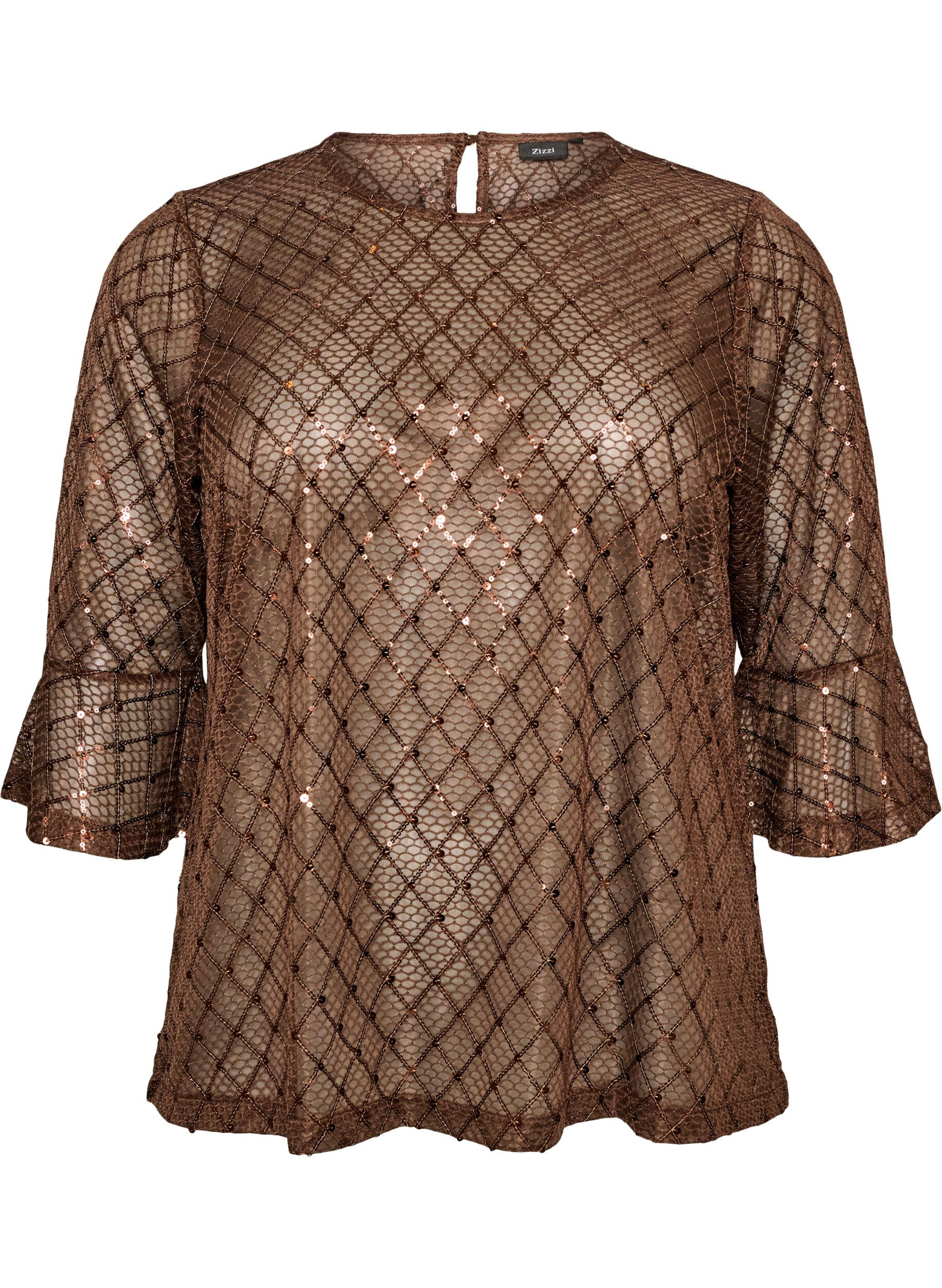 Doorschijnende blouse met pailletten en een ruitpatroon