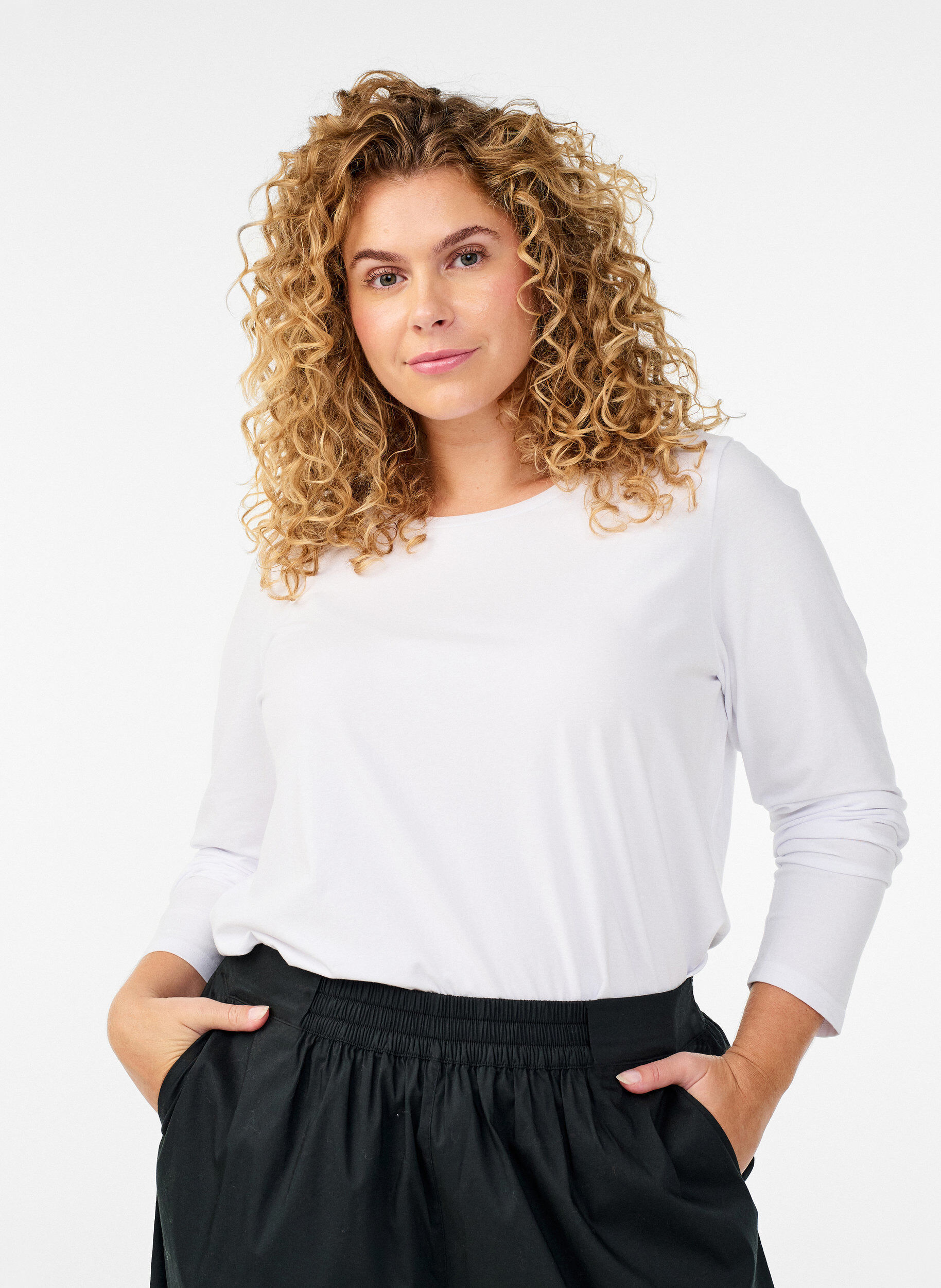 Basic jersey top met lange mouwen, Wit, Model