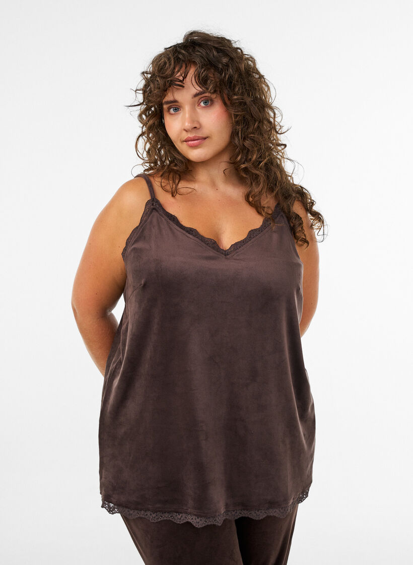 Velour top met kanten rand, Bruin, Model image number 0
