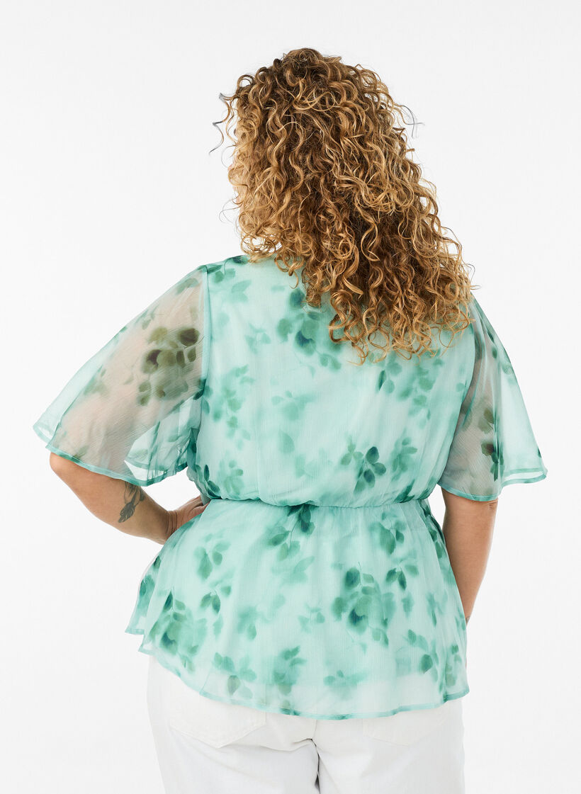 Bloemen chiffon blouse met korte mouwen, Groen, Model image number 2