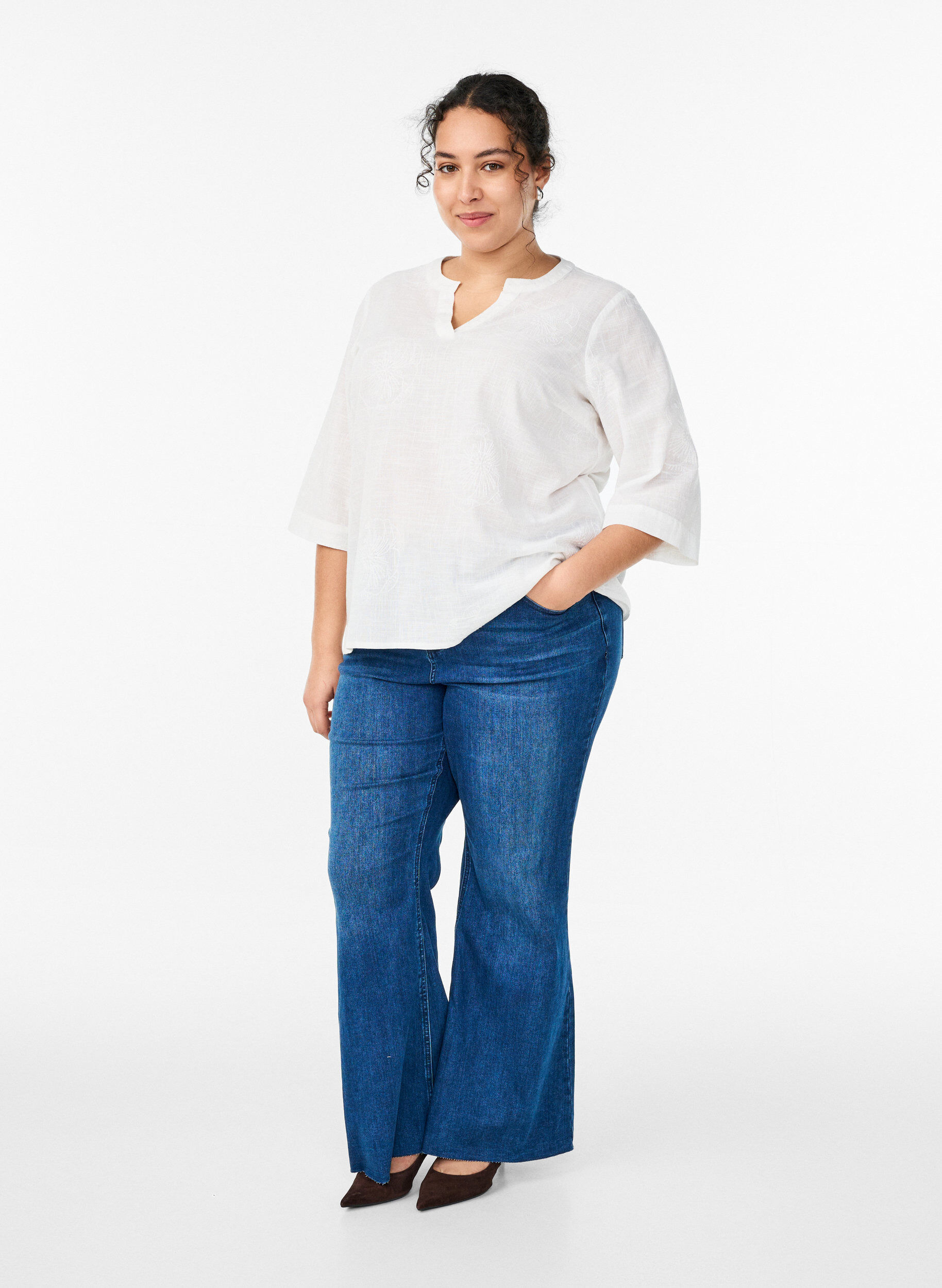 ZizziKatoenen blouse met geborduurde details en 3/4 mouwen, Wit, Model image number 1