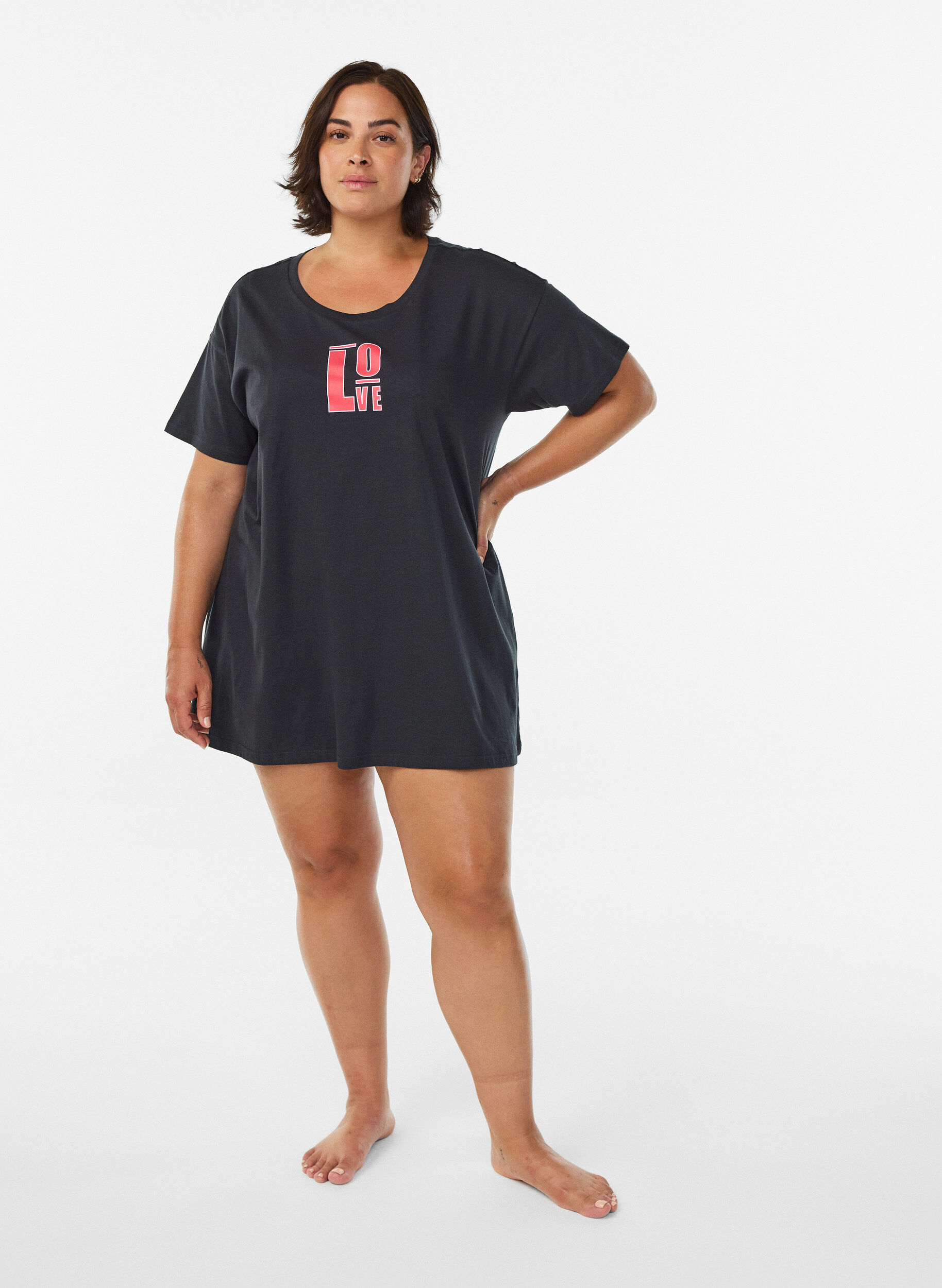 ZizziLang nachthemd-T-shirt in biologisch katoen met print, Grijs, Model image number 1