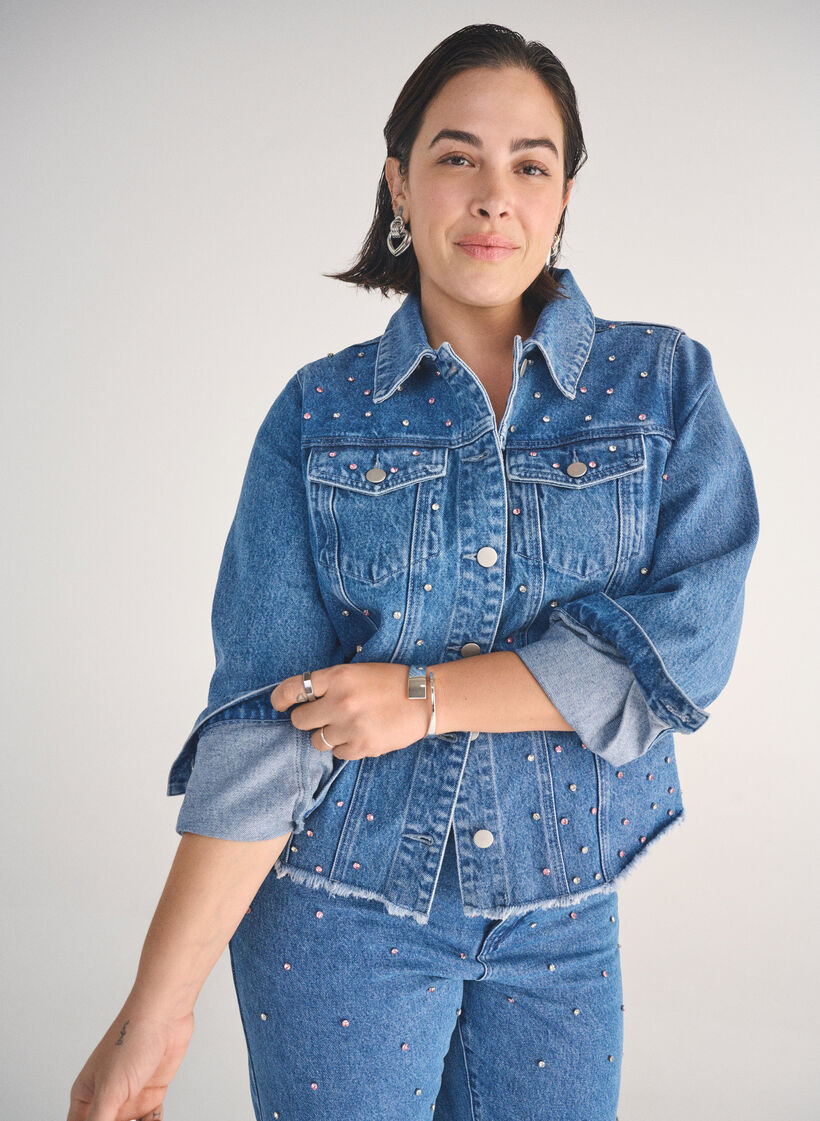 Denimjack met strasssteentjes en een rauwe zoom, Blue Denim, Image