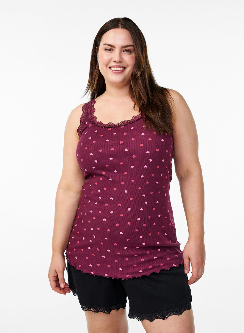 Top met print en kanten rand, Donker Bordeaux, Model image number 0