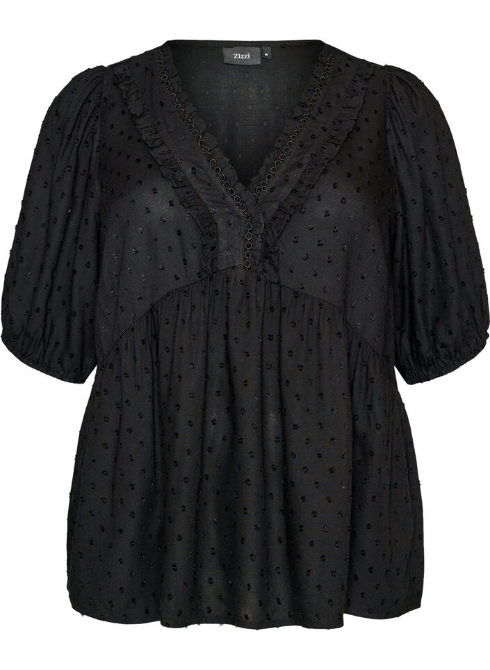 Viscose blouse met een stippenstructuur en V-hals, Zwart, Packshot image number 0