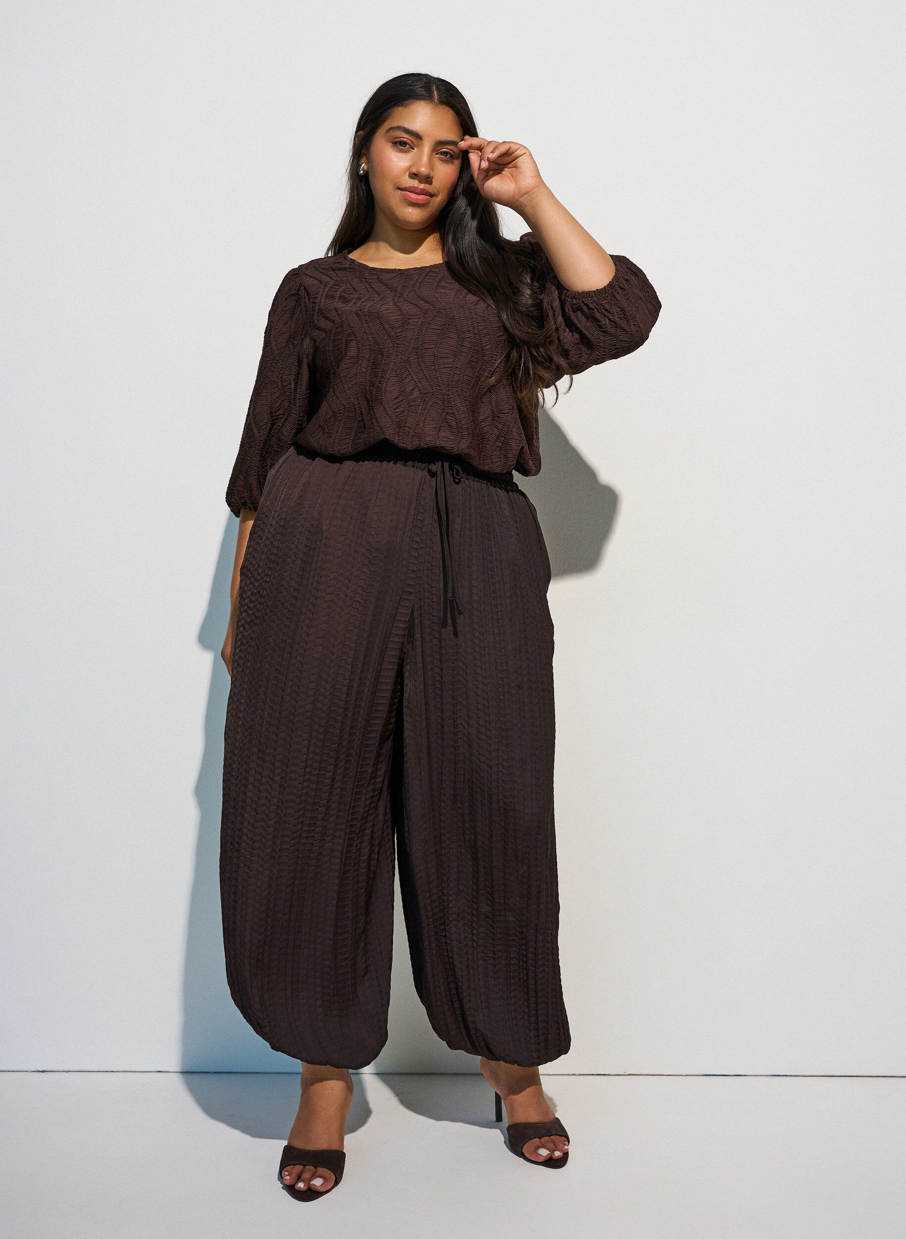 ZizziBlouse met textuur en 3/4 mouwen, Bruin, Model image number 1