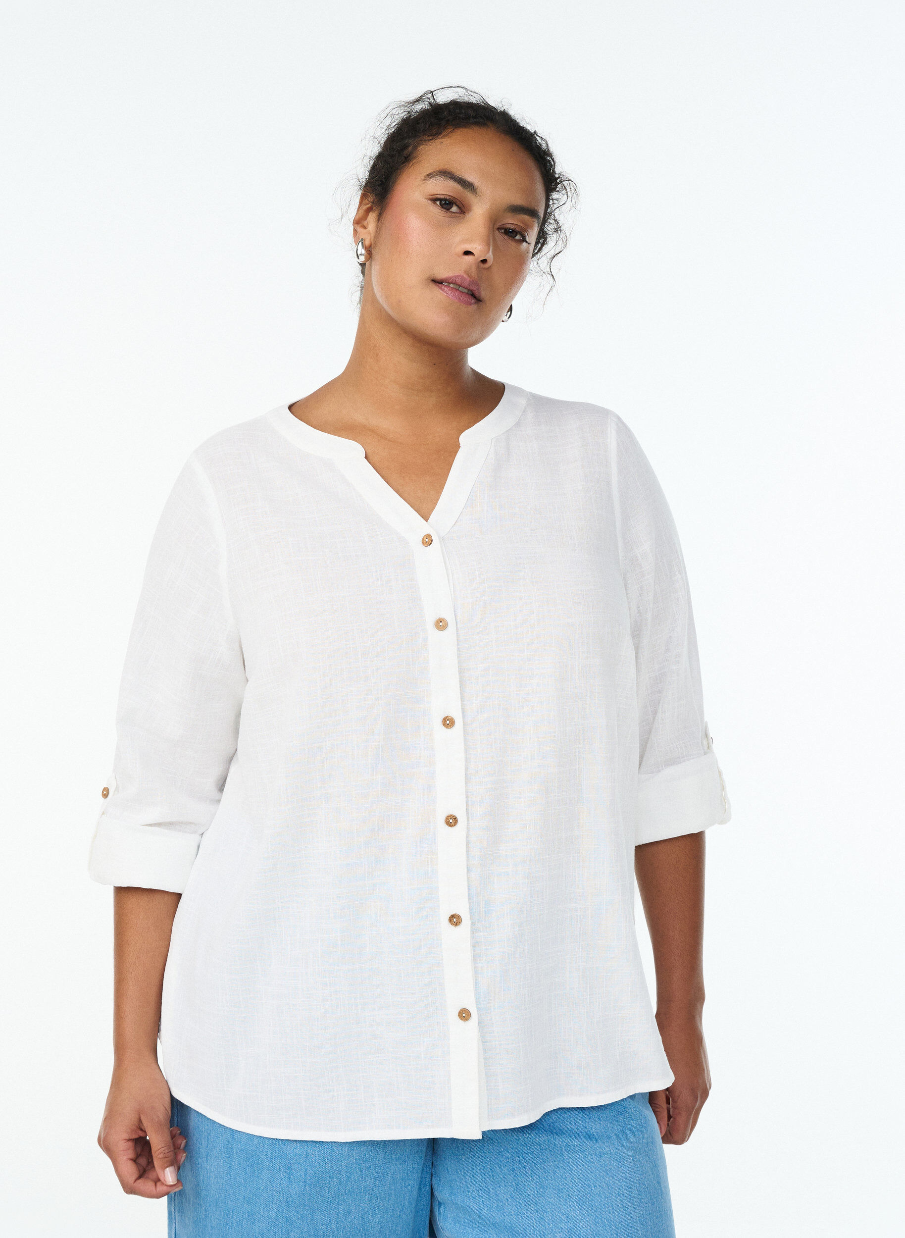 Katoenen blouse met V-hals, Wit, Model