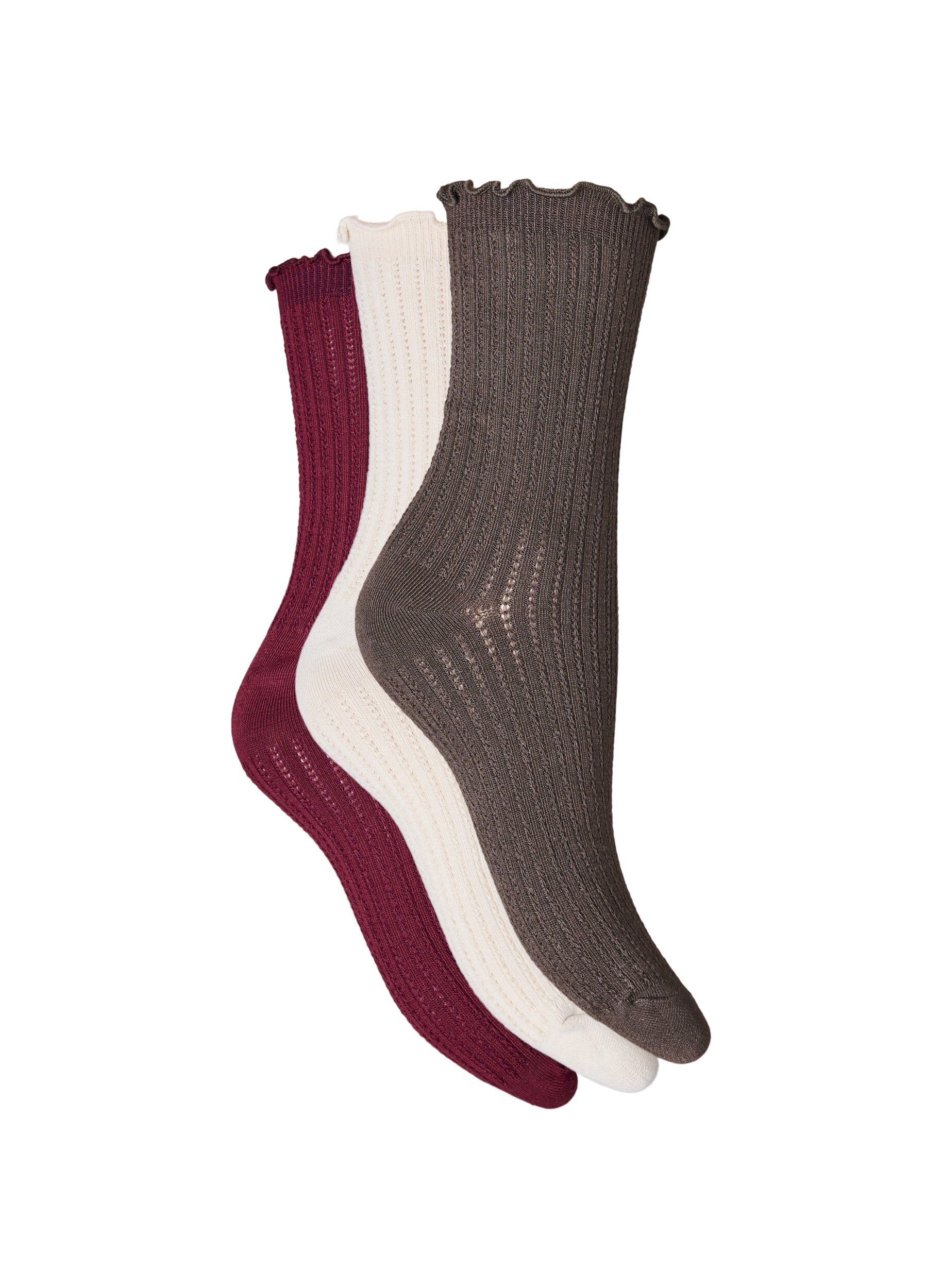 Zizzi Lot de 3 chaussettes c&ocirc;tel&eacute;es avec un bord ondul&eacute;, Marron, Packshot image number 1