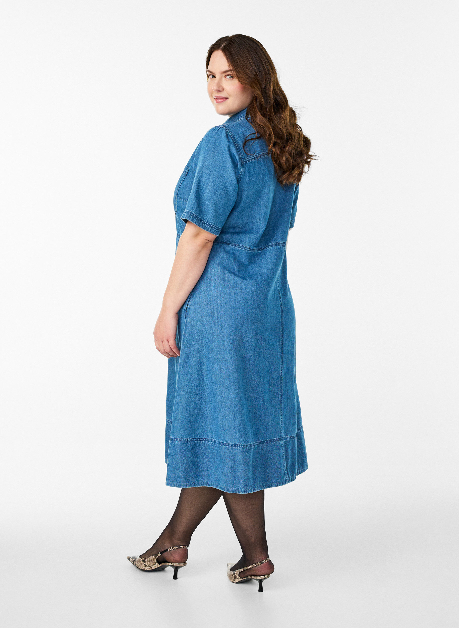 ZizziOverhemdjurk van denim met korte mouwen, Blauw, Model image number 2