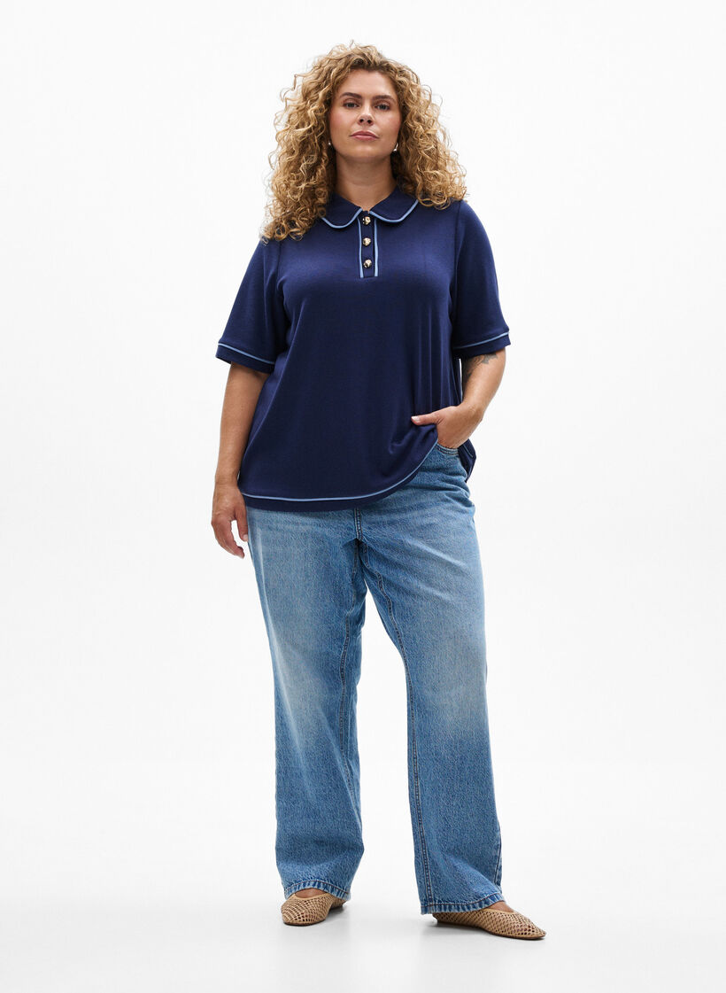 Jersey polo shirt met contrasterende accenten, Blauw, Model image number 1