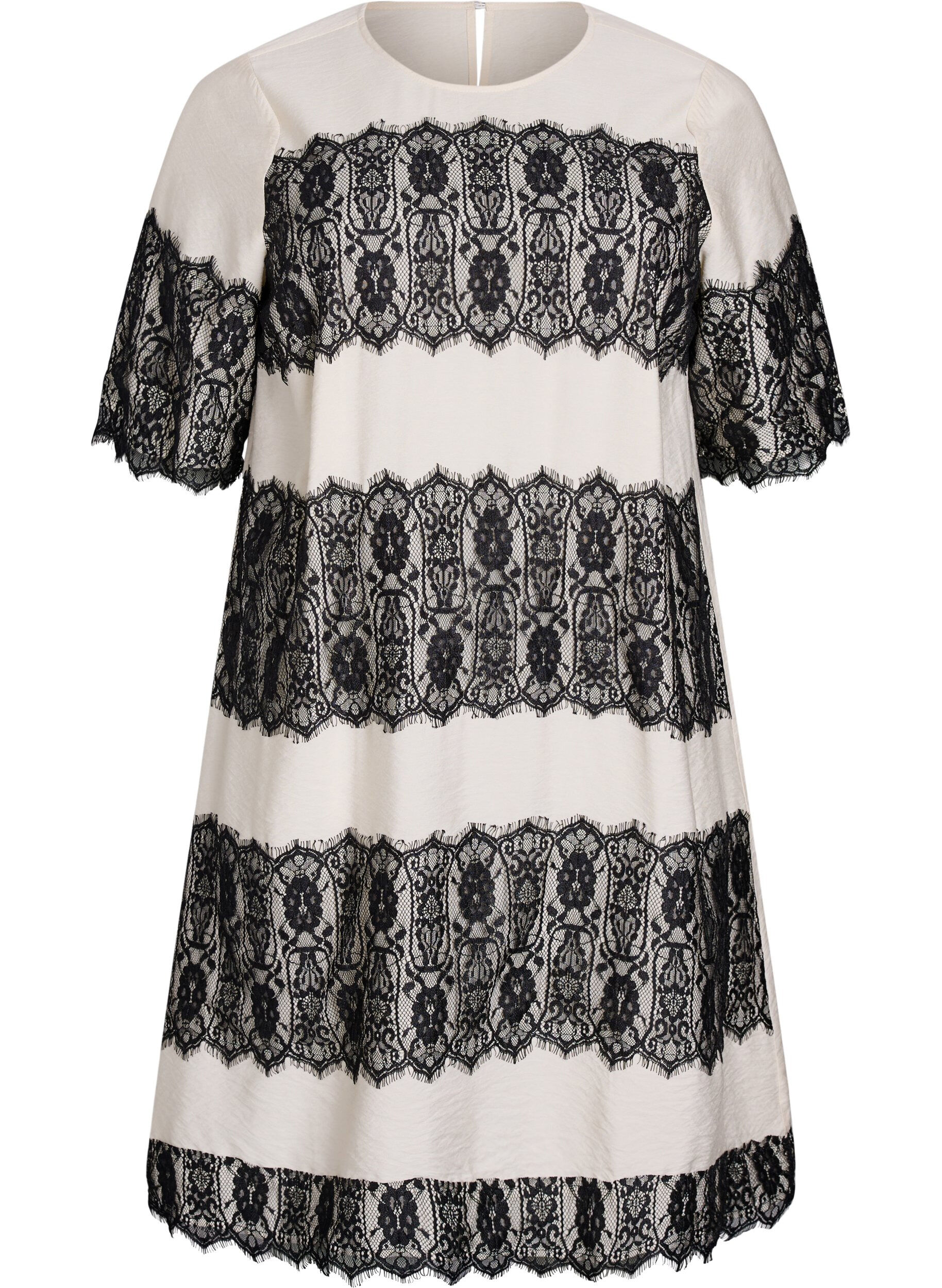 Korte jurk met contrasterende kanten panelen