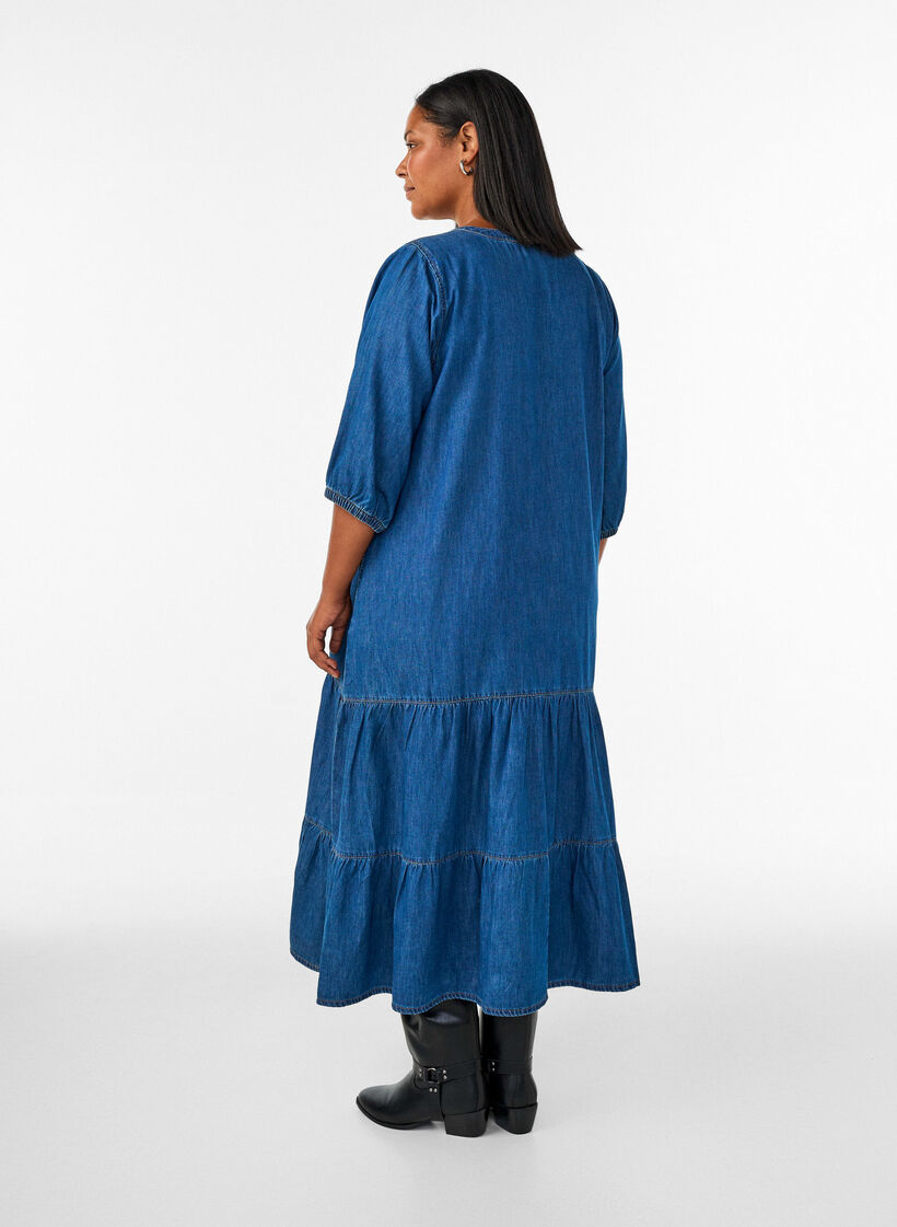 Denim maxi-jurk met gerimpelde lagen, Blauw, Model image number 1