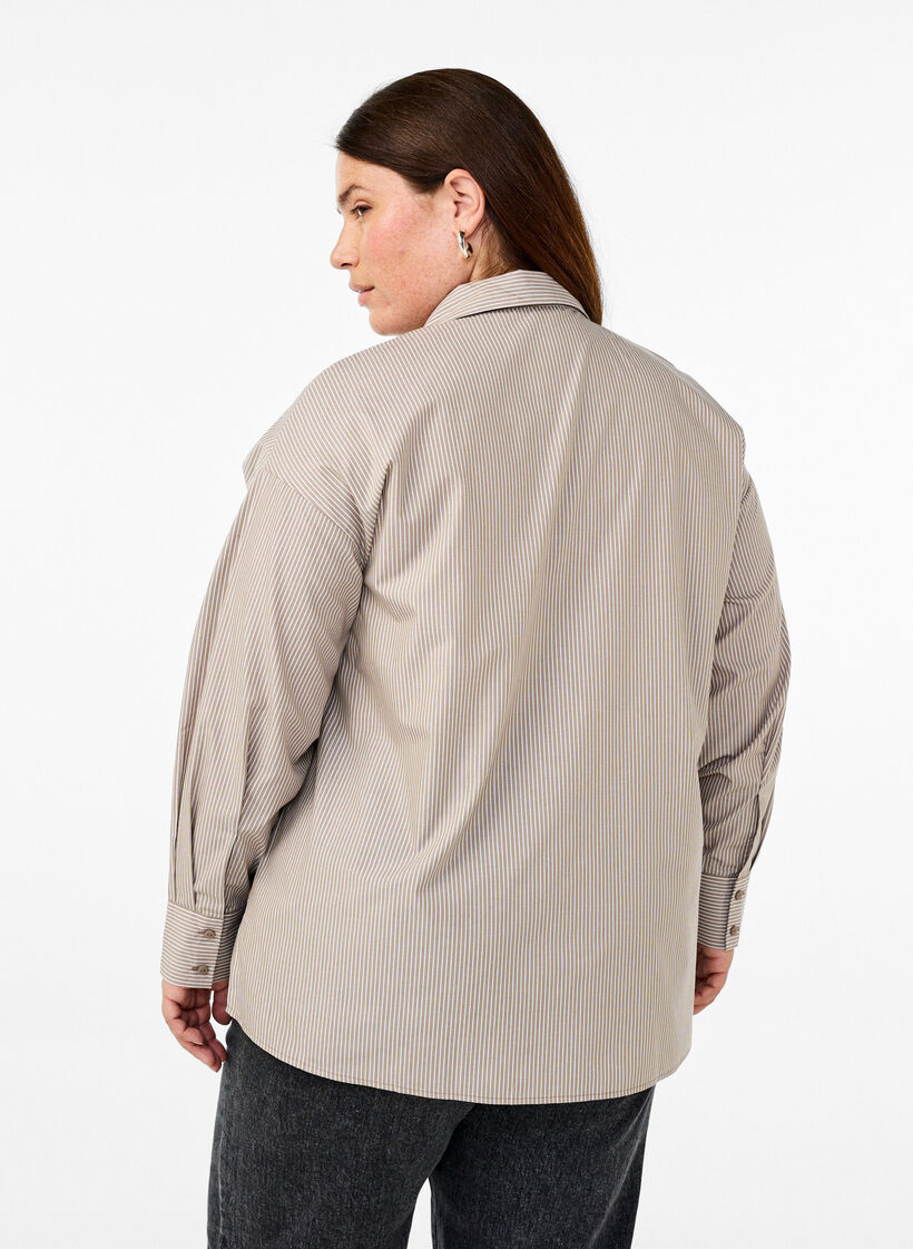 Losse shirt met lange mouwen en strepen, Fossil/White Stripe, Model