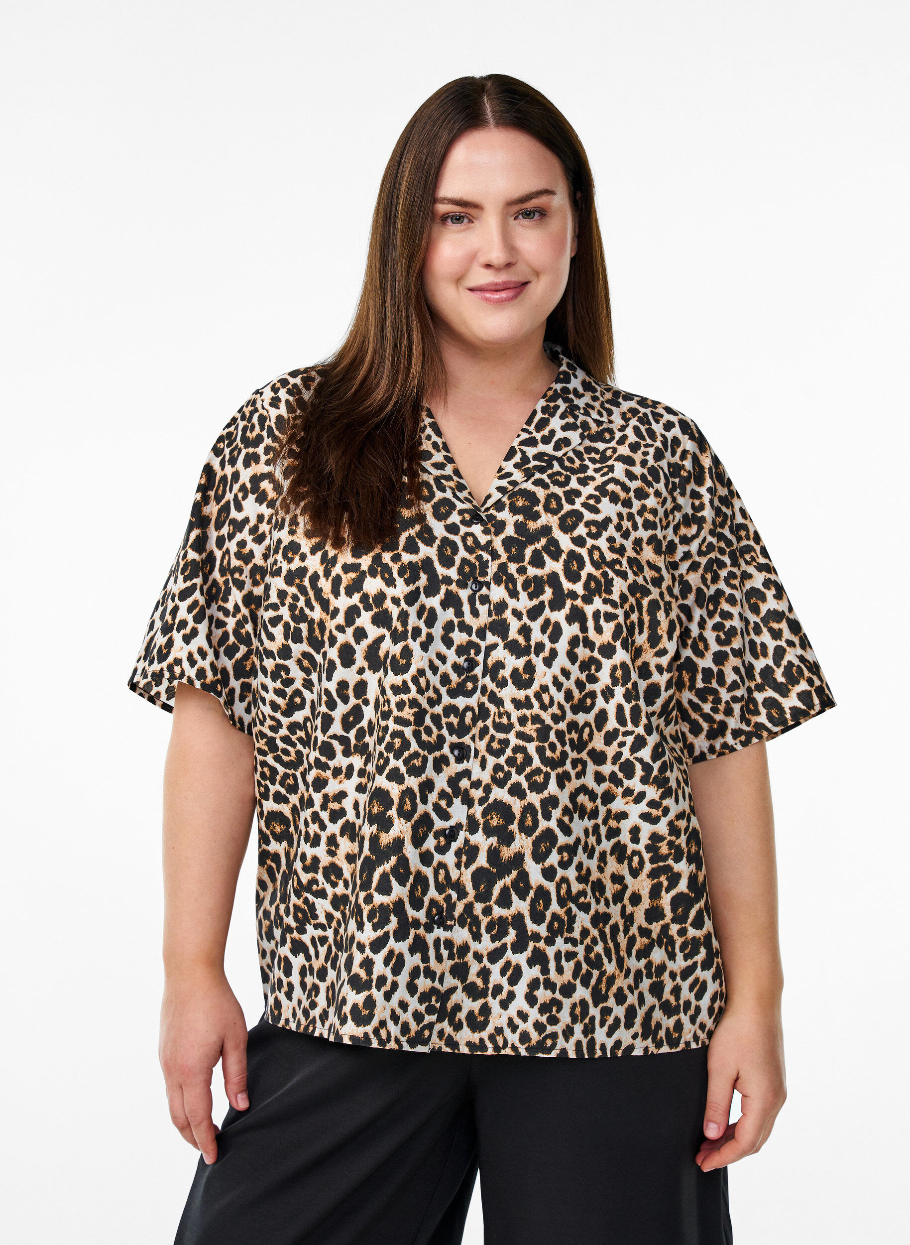Shirt blouse met print en V-hals, Bruin, Model