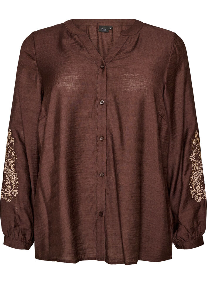 Viscose shirt met geborduurde mouwen, Bruin, Packshot image number 0
