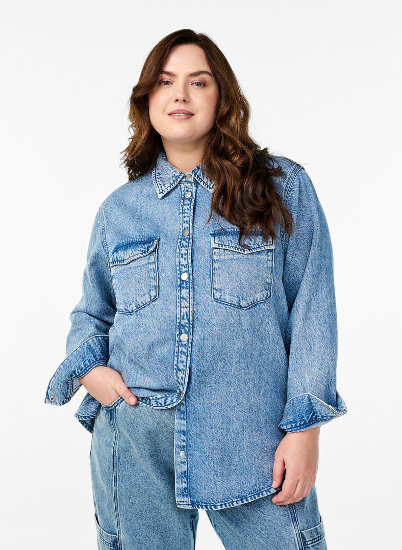 Denim shirt met borstzakken, Blauw, Model image number 0