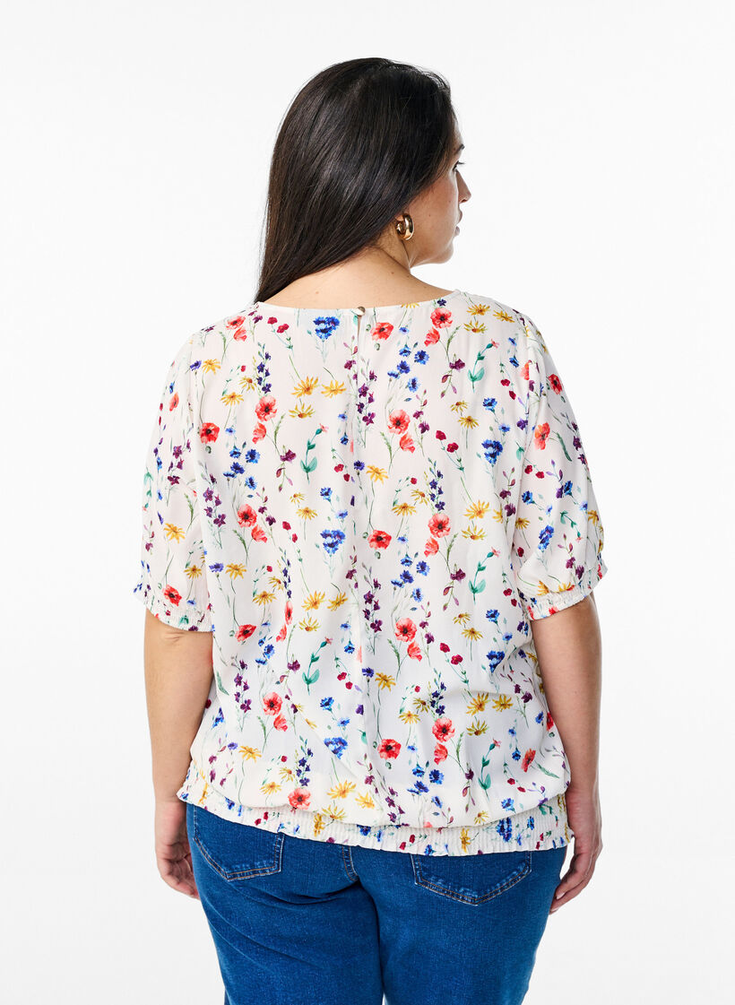 Bloemenblouse met smok, Blauw, Model image number 2