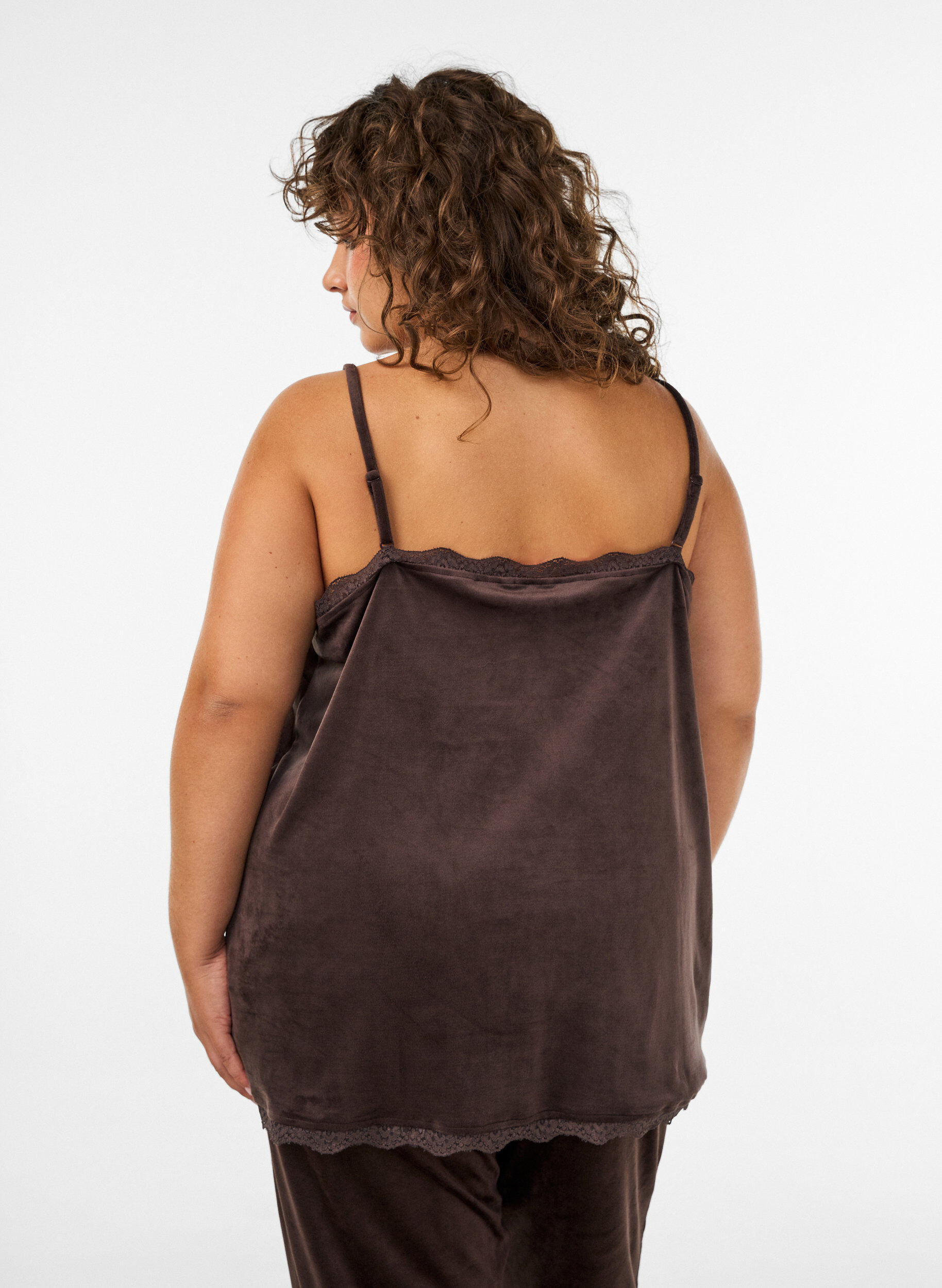 ZizziVelour top met kanten rand, Bruin, Model image number 2