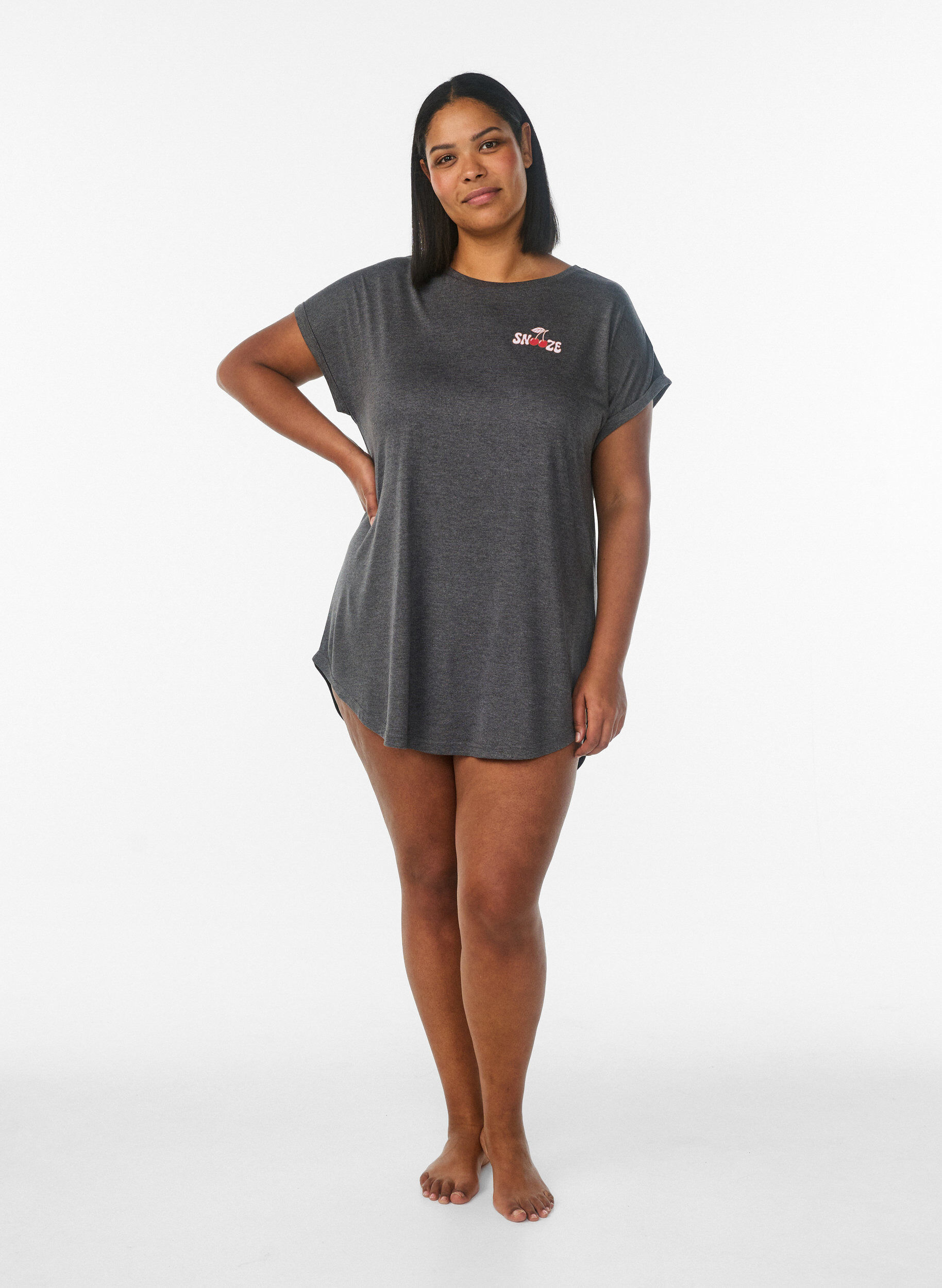 ZizziNachtjapon met korte mouwen en tekstopdruk, Zwart, Model image number 1