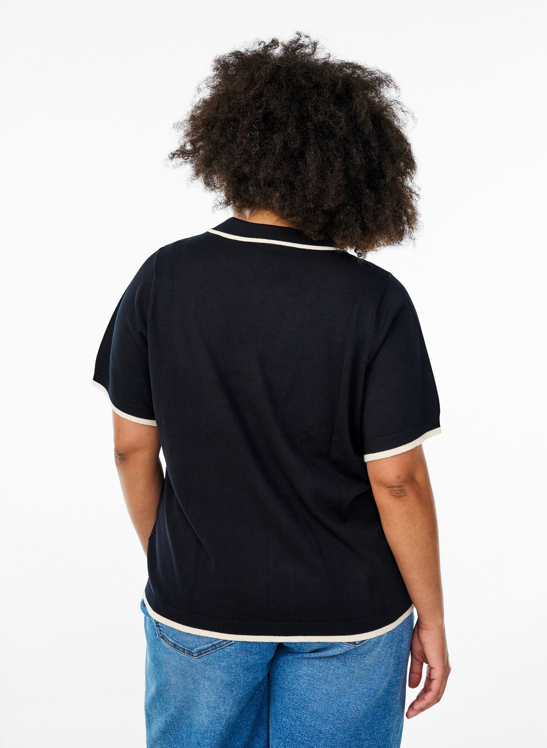ZizziFijngebreid poloshirt met contrasterende afwerking, Zwart, Model image number 2
