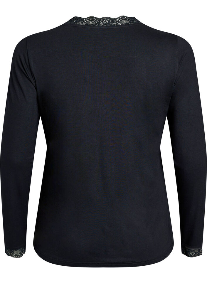 Viscose blouse met kanten afwerking en V-hals, Zwart, Packshot image number 1