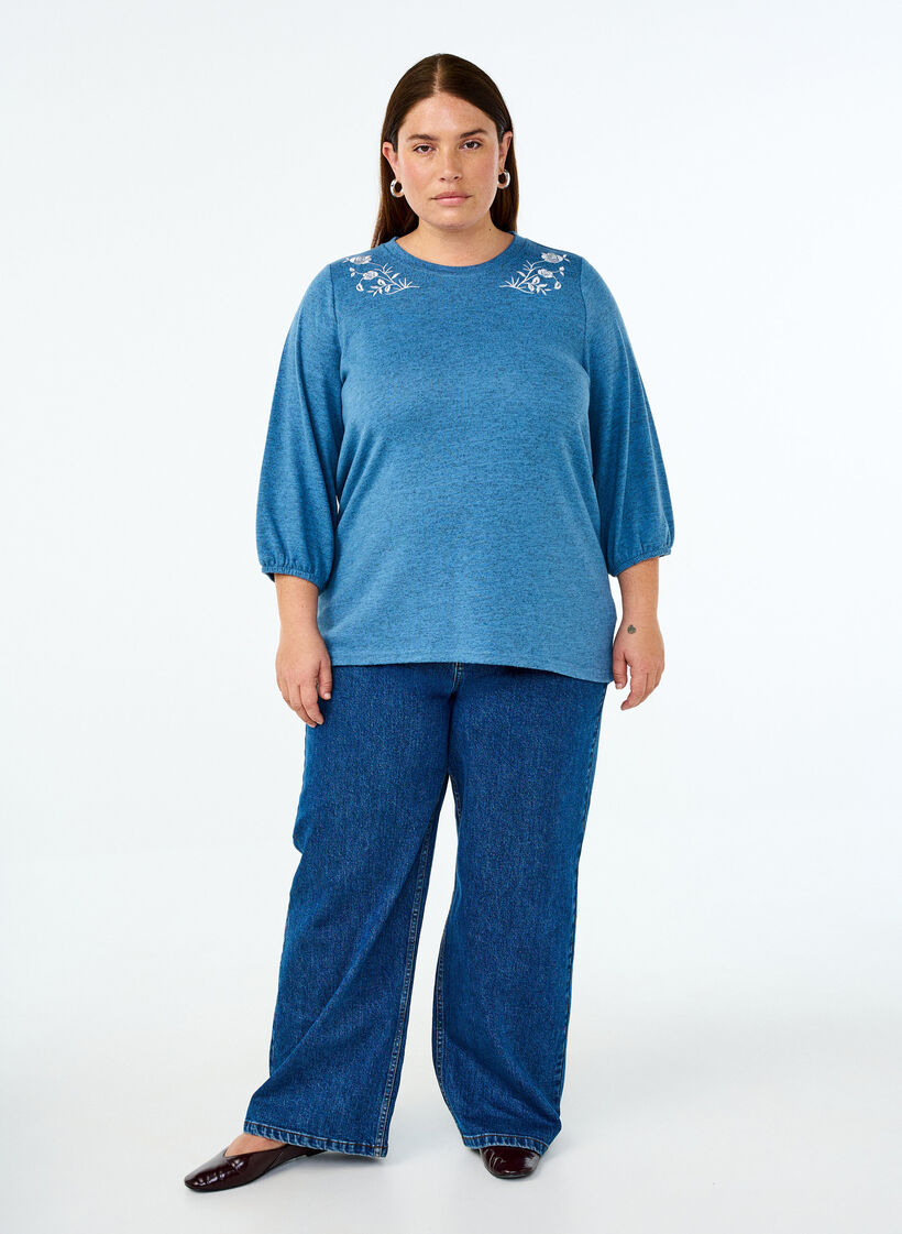 Blouse met bloemenborduursel en 3/4 mouwen, Copen Blue Melange, Model image number 2