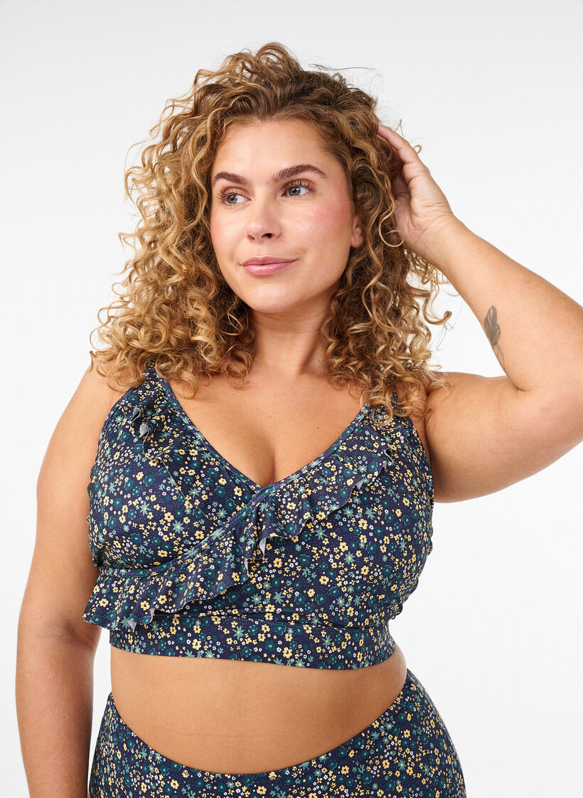 Bloemen bikinitop met ruches, Blauw, Model image number 0