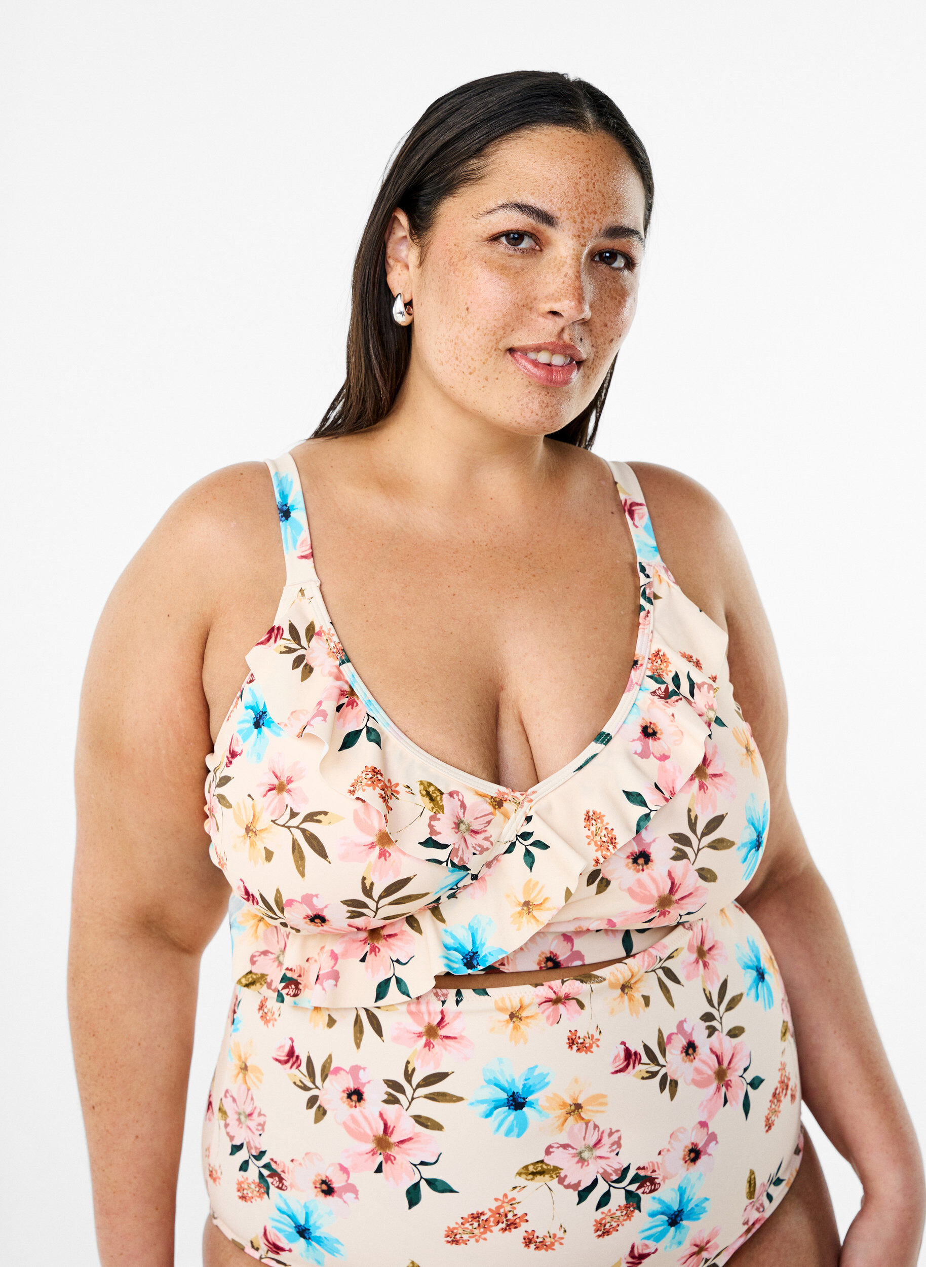 ZizziBloemen bikinitop met ruches, Beige, Model image number 0