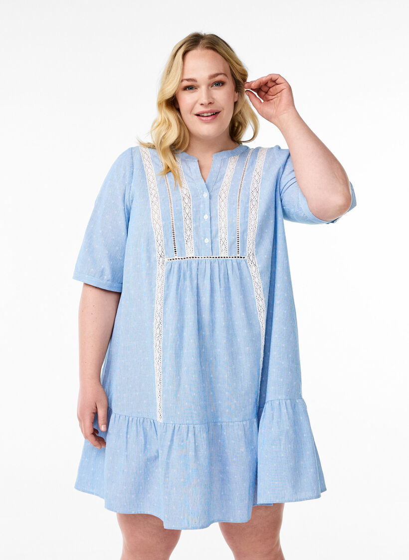 Korte jurk met kanten linten en A-lijn vorm, Blue Stripe, Model