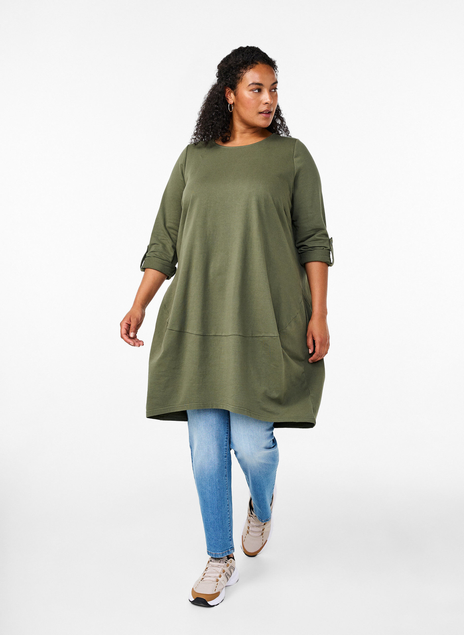 ZizziBallonjurk van katoen met zakken, Groen, Model image number 1