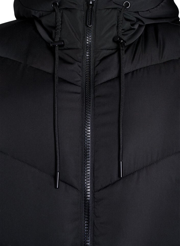 Lange pufferjas met capuchon en zakken, Black, Packshot