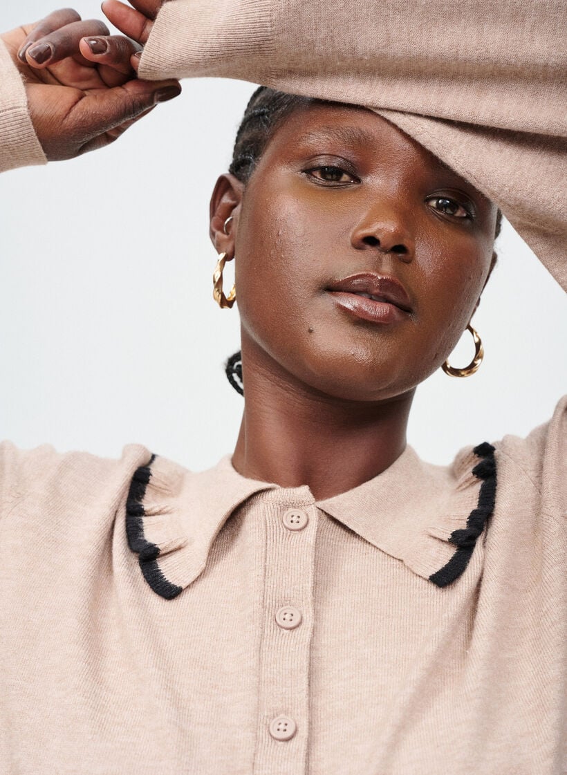 Gebreide blouse met een kraag en contrasterende ruches, S. Taupe Mel w Black, Image