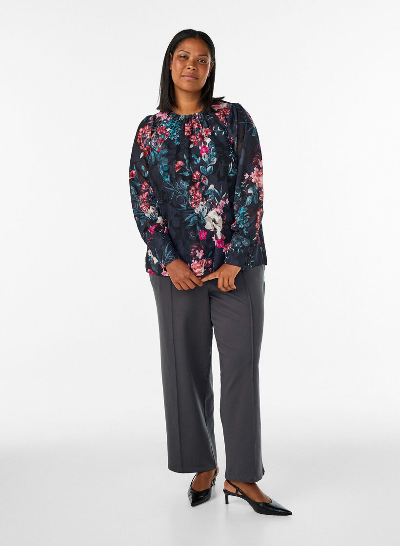 Blouse met bloemenprint en geweven textuur, Zwart, Model image number 1