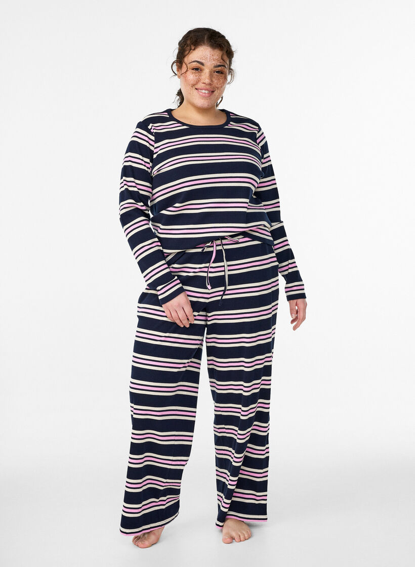 Nachtbovenstuk met lange mouwen in geribde jersey met strepen, Blauw, Model image number 1