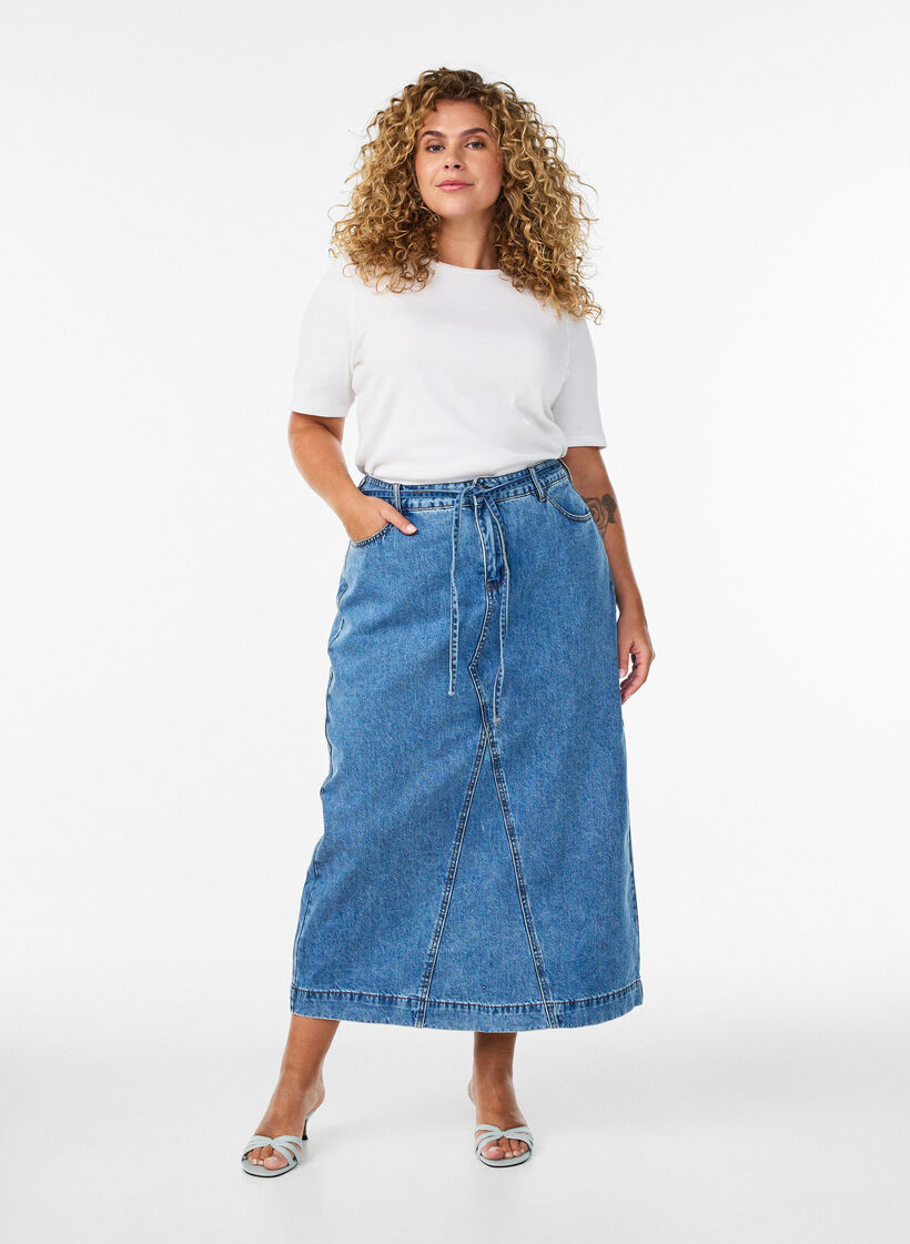 Jupe maxi en denim avec ceinture &agrave; nouer, Bleu, Model image number 0