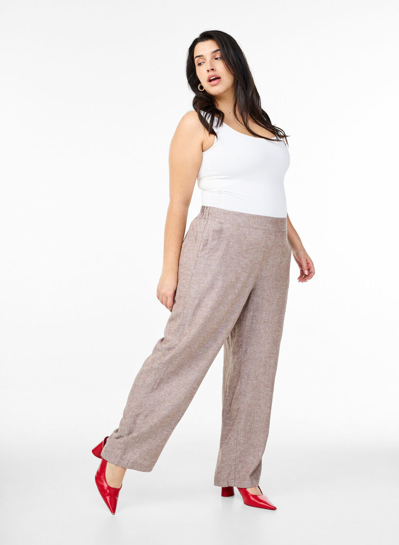Linnen en viscose broek met losse pasvorm, Bruin, Model image number 0