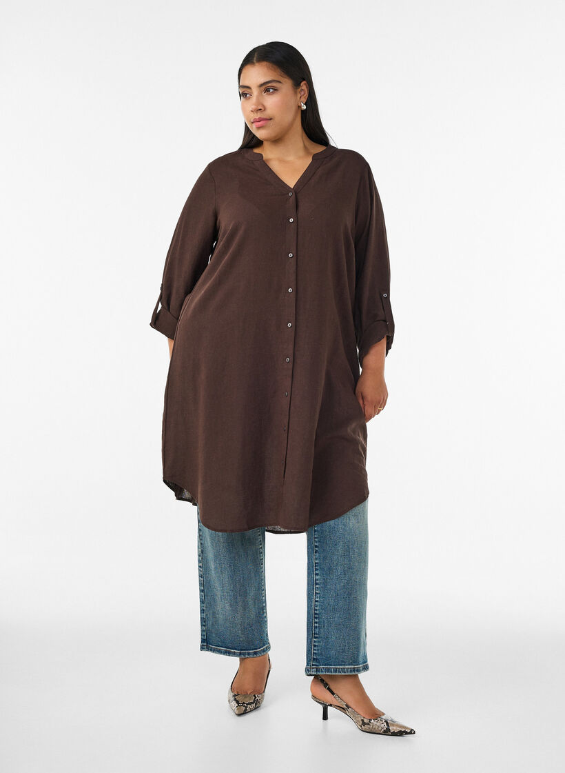 Lang shirt in linnen en viscose, Bruin, Model image number 0