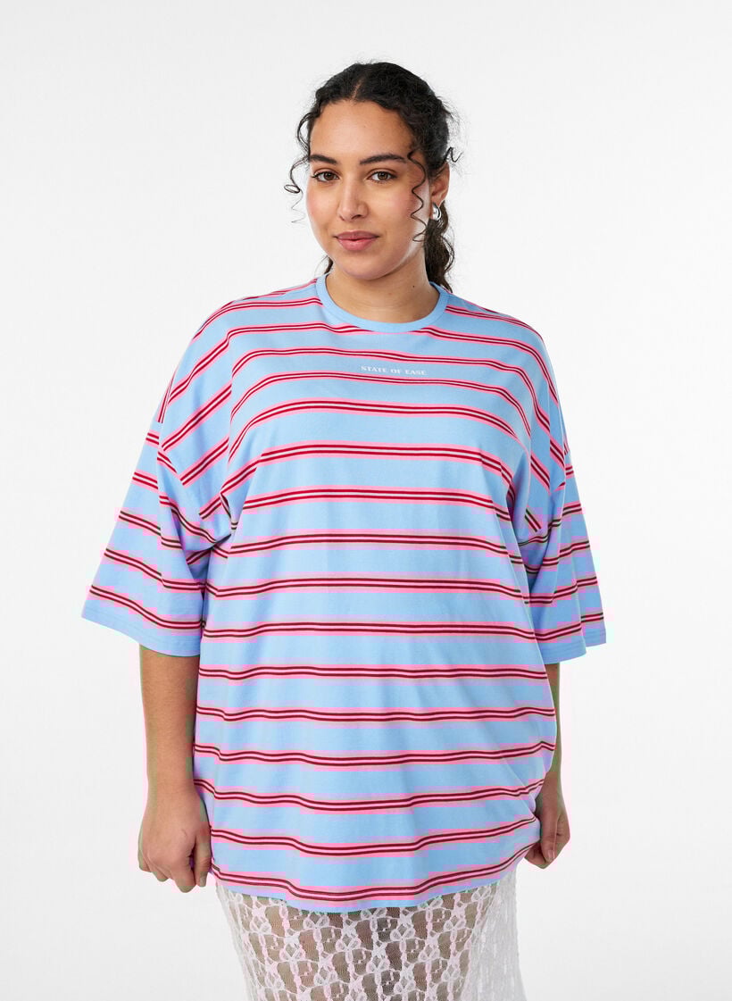Oversized T-shirt met strepen en 1/2 mouwen, Blauw, Model image number 0